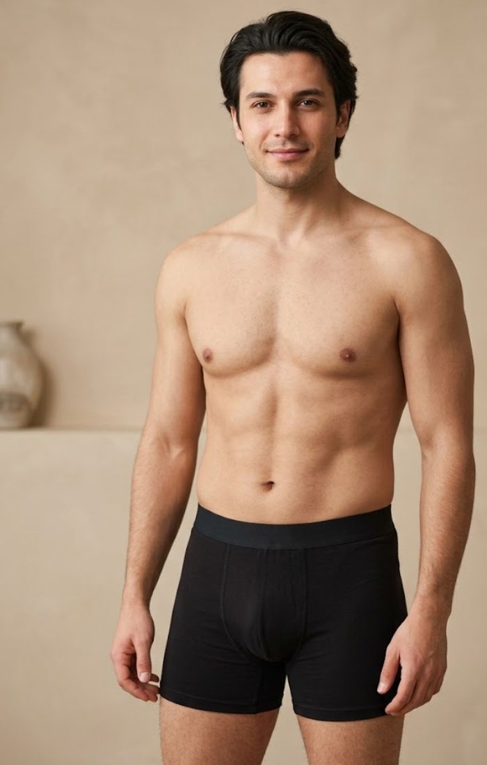 Model wearing a Sembol men's stretch boxer in black