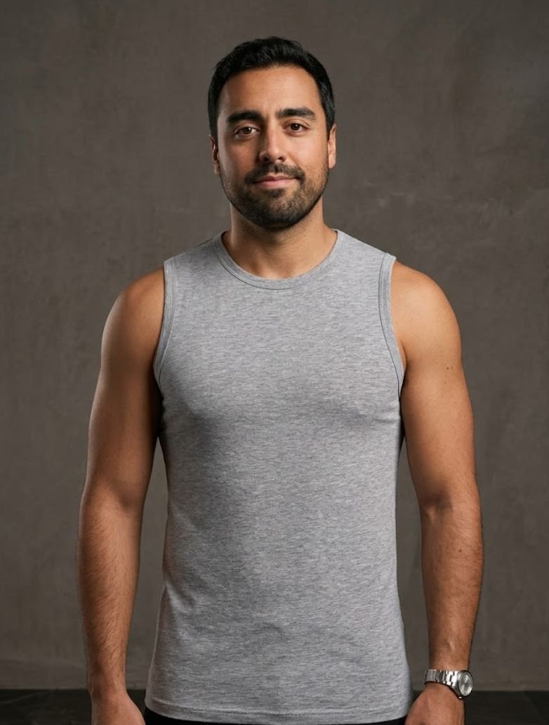 Model wearing a Sembol men's sleeveless crew-neck undershirt in grey