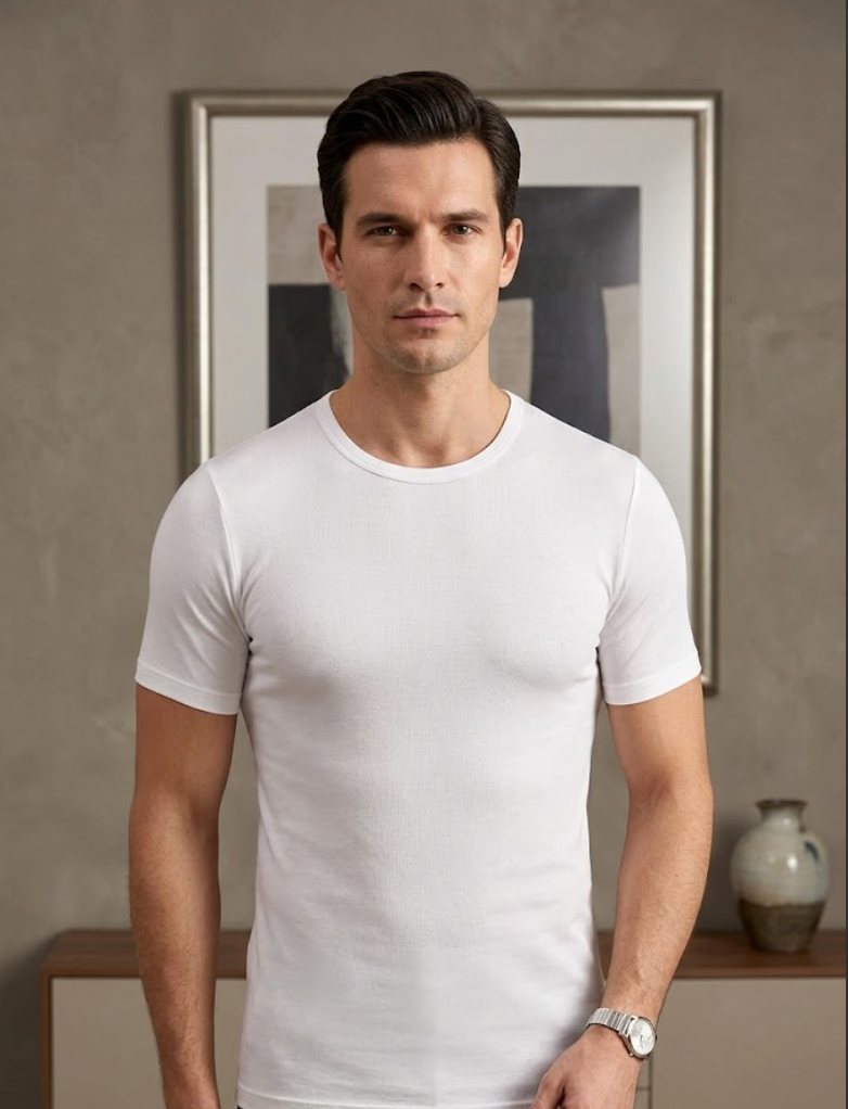 Model wearing a Sembol men's short-sleeve crew undershirt in white