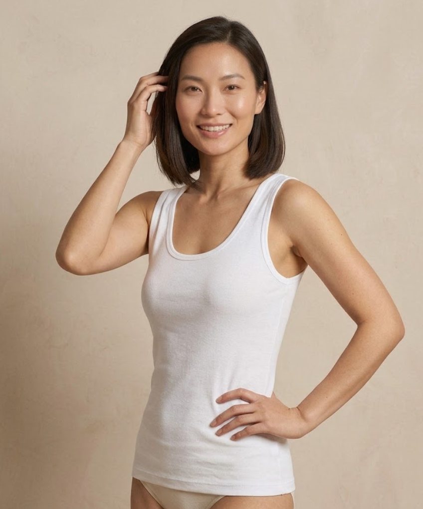 Model wearing a Sembol women's wide-strap cotton tank in white